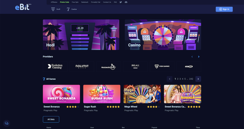 eBit Crypto Casino Homepage